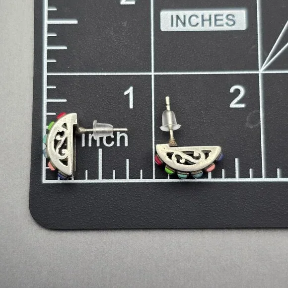 VTG Sterling Silver Multi Gemstone Earrings 5/8"x1/4" Filigree Accents Signed HS - Picture 9 of 9